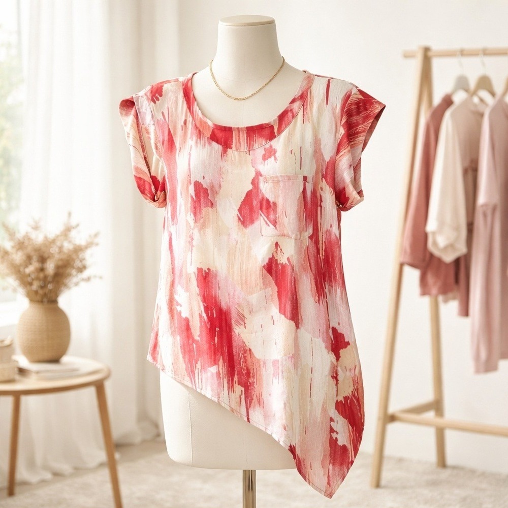 Hale Bob M Abstract Brushstroke Asymmetrical Hem Cap Sleeve Top Red Tan Med - Picture 1 of 11